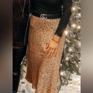 Tan + Black Dot satin midi skirt